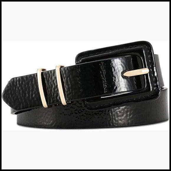 Patent Leather Belt with Square Buckle Gold Accents Adjustable Waist main image 7